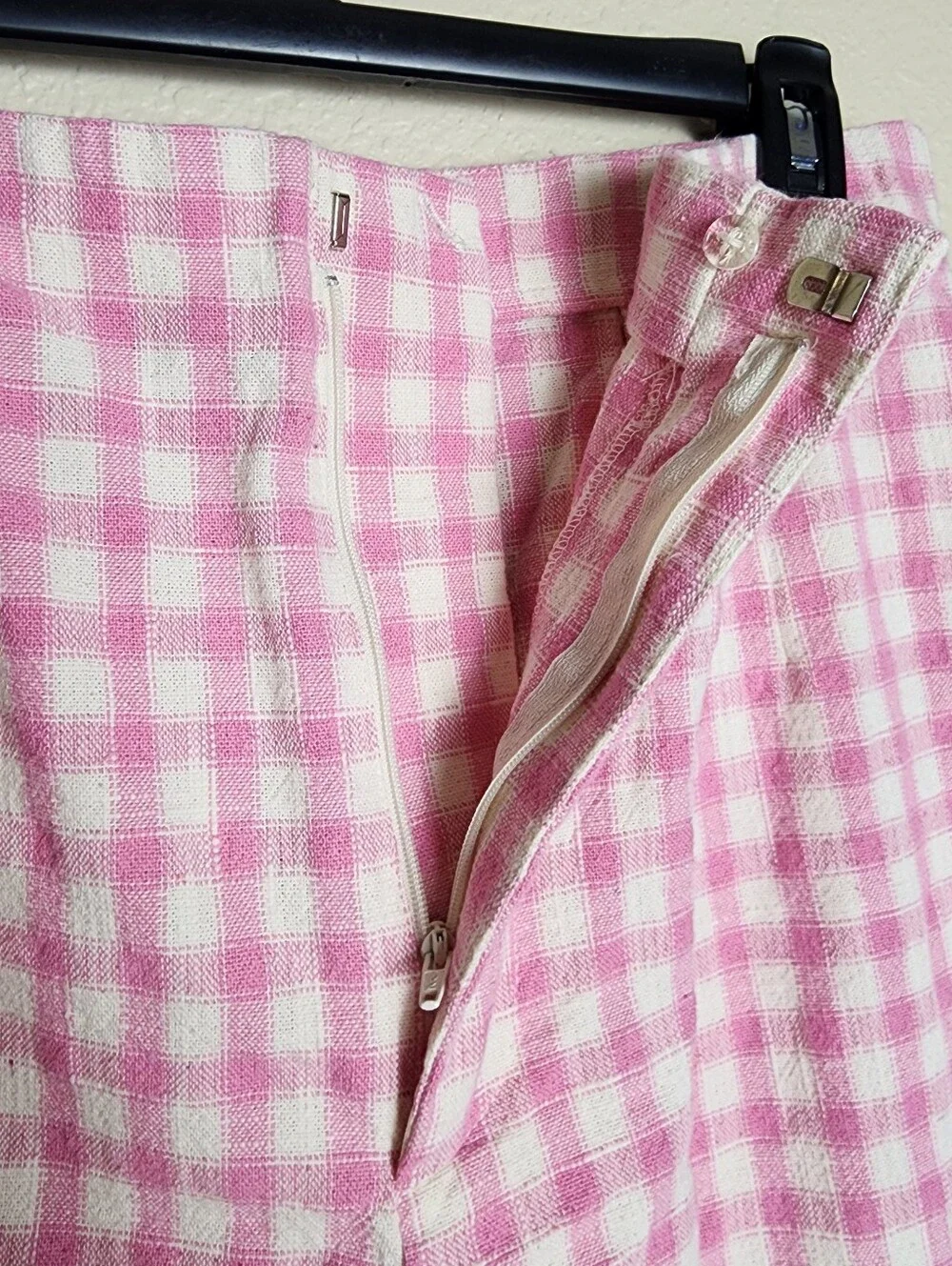Zara Pink White Gingham Wide Leg Linen Blend Pants Women's Large